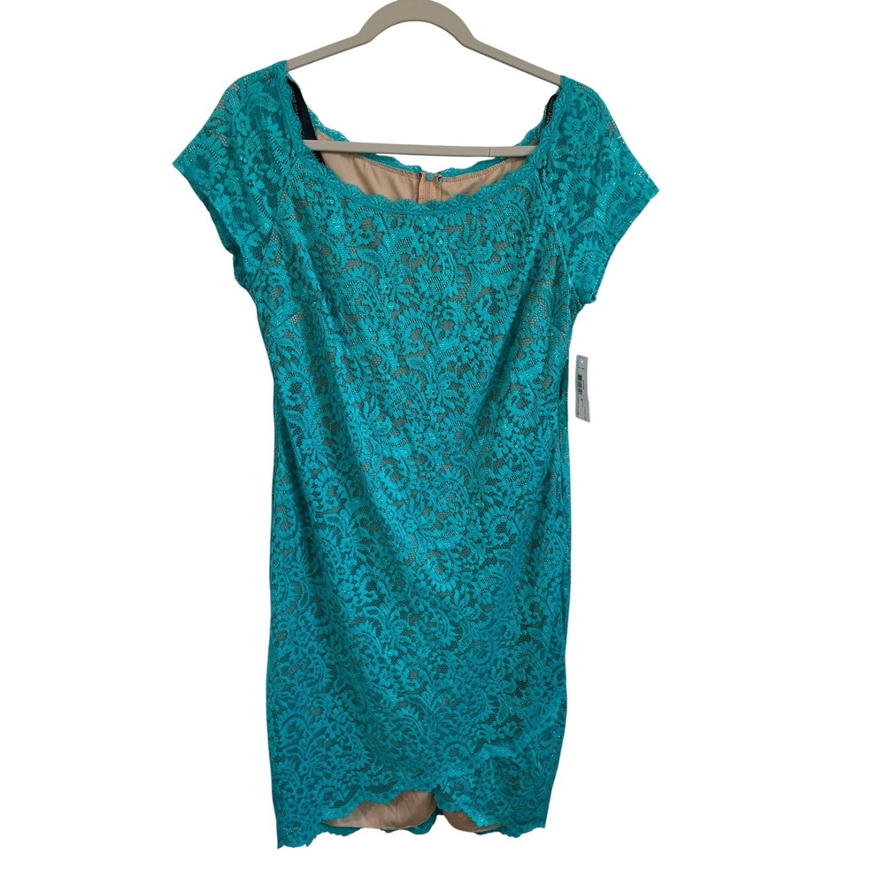 Bisou Bisou 14 Teal Floral Lace Cap Sleeve Sheath Dress NWT Wedding Guest Summer